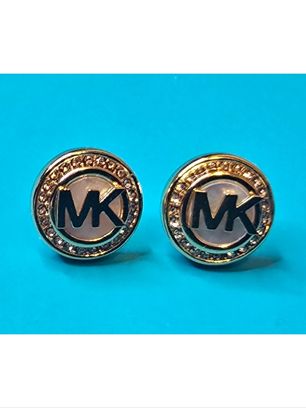 NWT Michael Kors Mother of Pearl Logo Stud Earrings Gold Tone Pave Crystal MK - Picture 3 of 7
